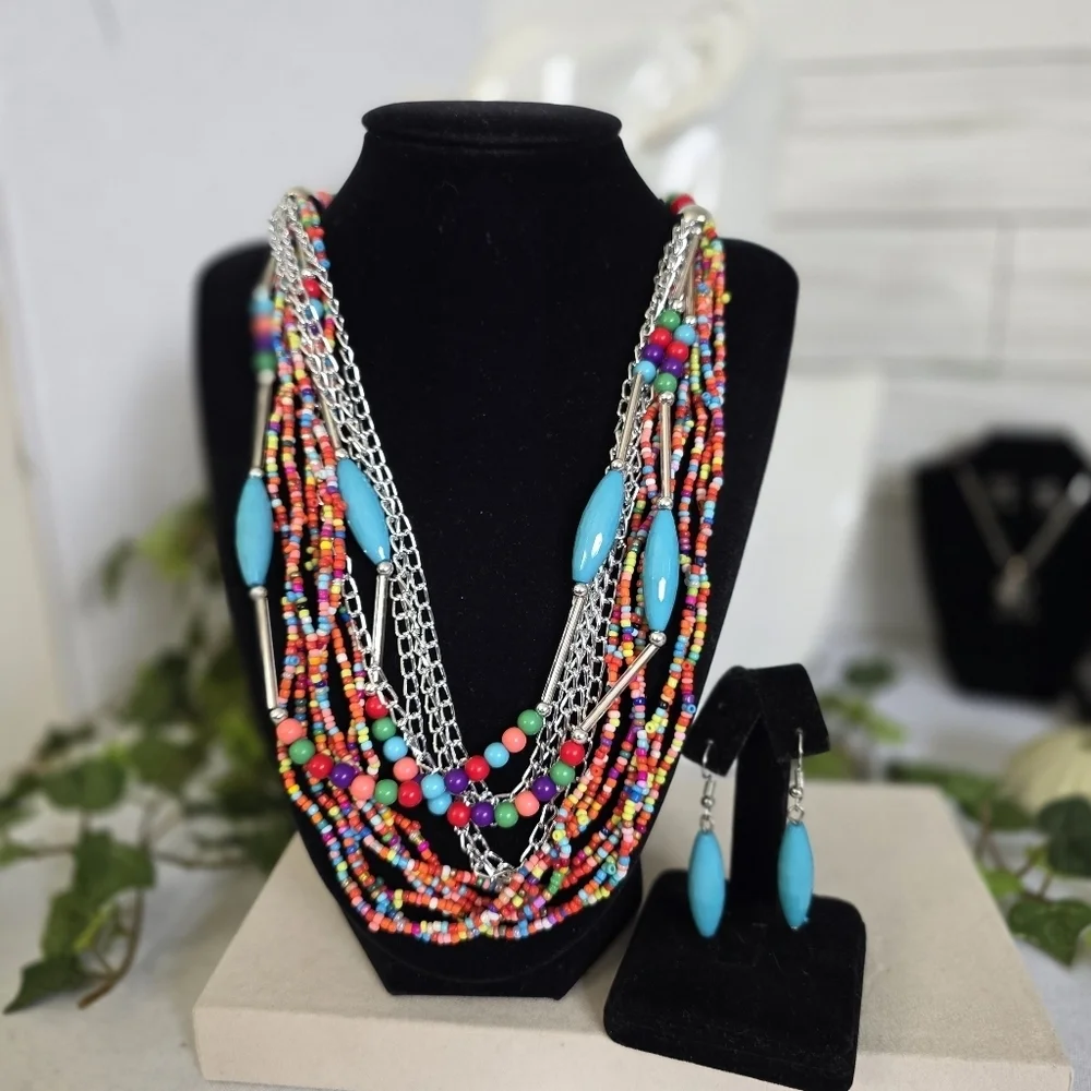 Boho Multi Strand Necklace with Matching Earrings Set